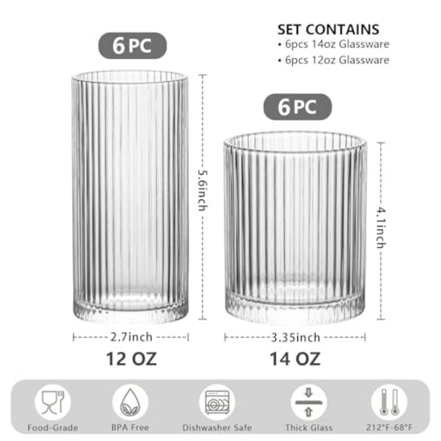 12Piece Ribbed Glassware Set w - Highball Glass Set recensie en prijs